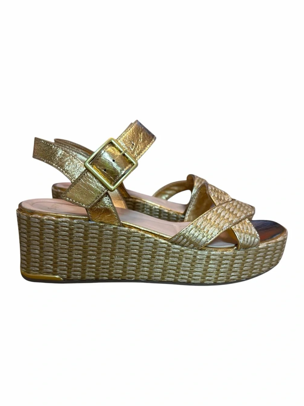 Franco Sarto Gold Metallic Wedge Sandals Raffia Platform Womens Size 9.5